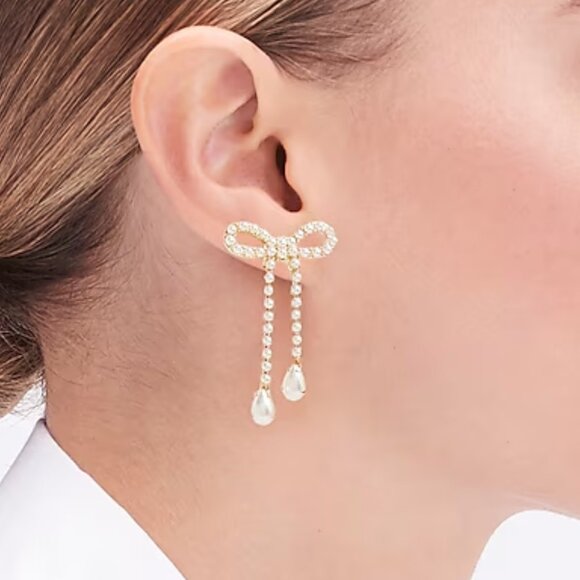 NWT Gold Pearl Bow Dangle Drop Earrings - Picture 3 of 6